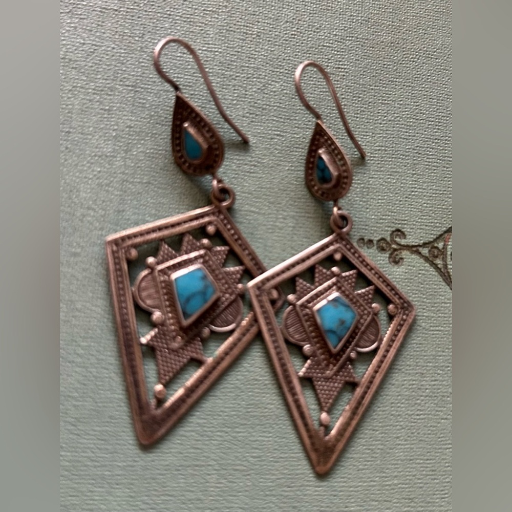 MOROCCAN SILVER and Turquoise and Bronze Geometric Earrings